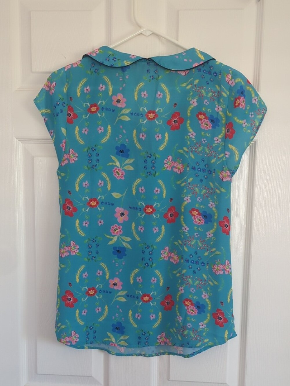 Modcloth Turquoise Floral Peter Pan Collar Blouse Cap Sleeves Size M - Picture 6 of 10